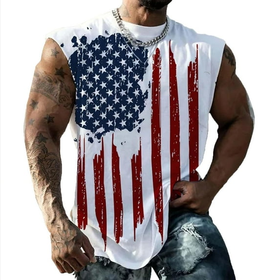 kpoplk Men 4th of July Tank Top American USA Flag Short Sleeved Shirt Patriotic Gym Workout Tee Clothes(White,4XL)