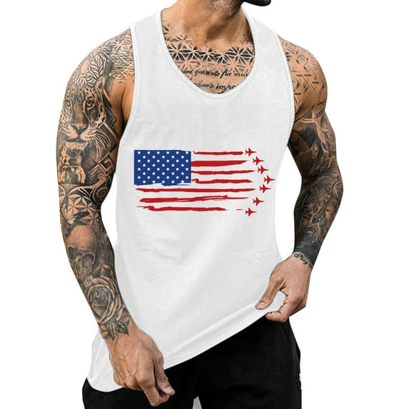 kpoplk Men 4th of July Tank Top Mens American Flag Tank Top Novelty Graphic Breathable Short Sleeved Beach Shirt(White,M)