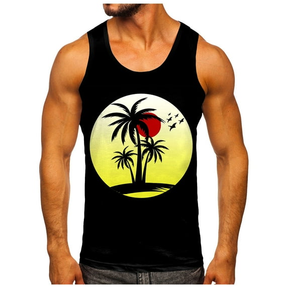 kpoplk Men Fashion Spring Summer Casual Sleeveless O Neck Printed Tank Tops Blouse S Z1-Black