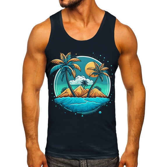 kpoplk Men Fashion Spring Summer Casual Sleeveless O Neck Printed Tank Tops Blouse S Z4-Blue