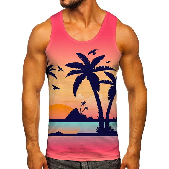 kpoplk Men Fashion Spring Summer Casual Sleeveless O Neck Printed Tank Tops Blouse XXL Z3-Pink