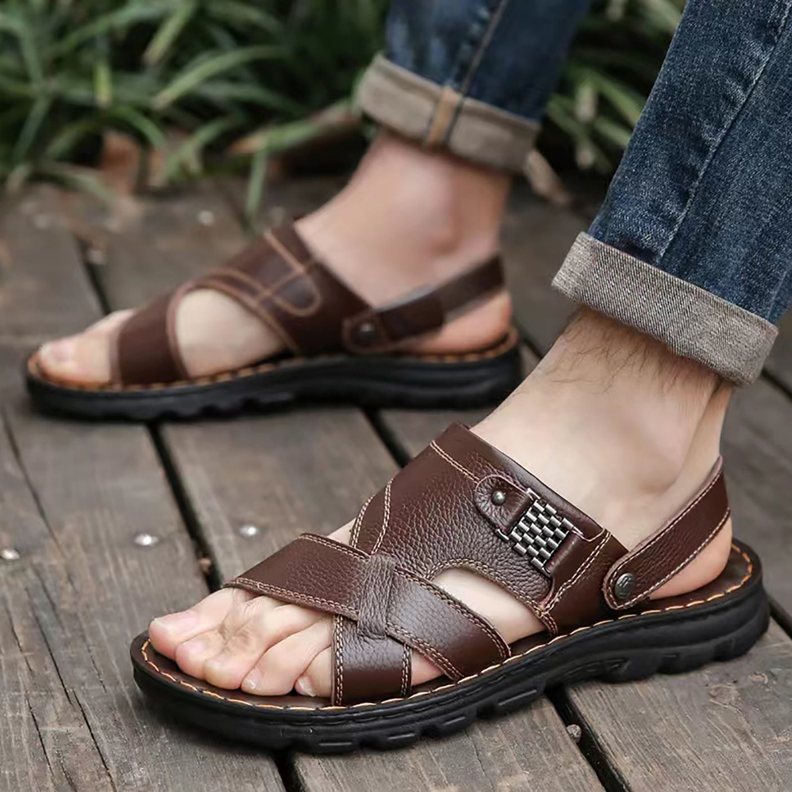 kpoplk Sandals,Men Leather Sandals Summer Casual Vacation Shoes Non-Slip Sneakers(Brown) - Walmart.com