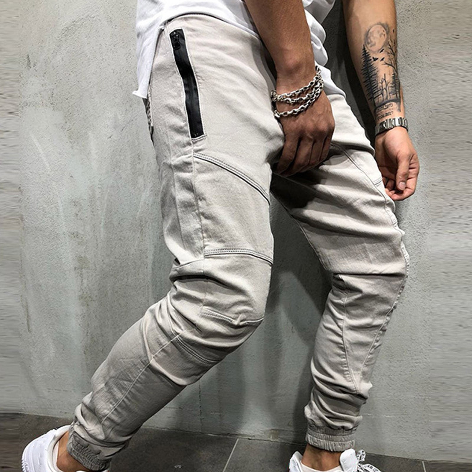 kpoplk Mens Sweatpants Joggers,Men's Cinch Bottom Sweatpants with Pockets  High Waisted Jogger Pants Baggy Workout Active Trousers(Beige,XXL)