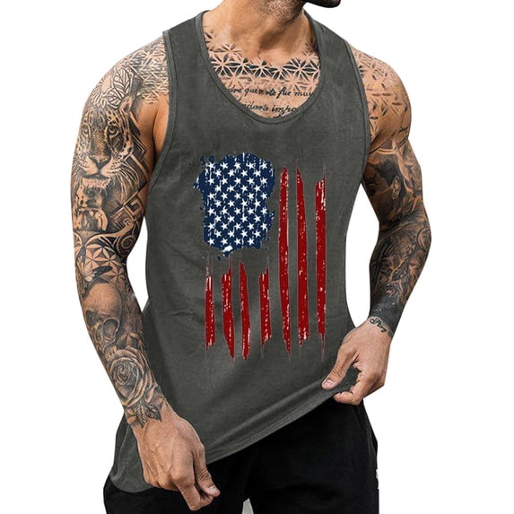 kpoplk Men's 4th of July USA Flag Tank Tops 3D Printed American Flag Short Sleeved Muscle Tank Tops Mens Shirt for Workout Gym Jogging(Grey,4XL)