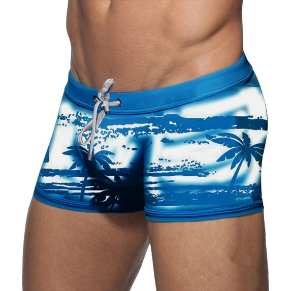 kpoplk Men's Swim Trunks Solid Brief Boxer Swimwear Swimsuits Square Cut Pocket Blue,XL