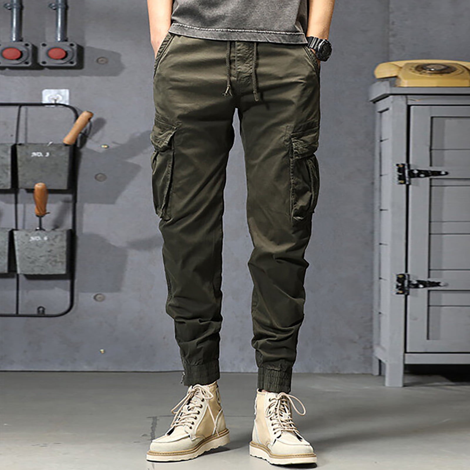 Men Casual Cargo Combat Joggers Pants Tapered Sports Work Trousers Side  Pocket