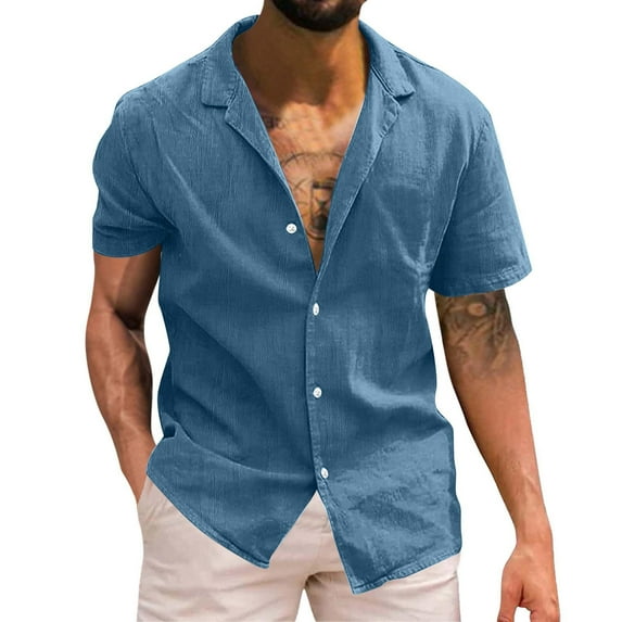 kpoplk Men's Casual Linen Dress Shirt Plaid Collar Short Sleeve Button up Shirt Blue,M