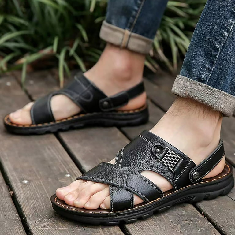 kpoplk Men's Sandals,Men's Casual Sandals for Men Leather Summer Beach Flip  Flops for Men Non Slip Comfort Arch Support Sport Thong Sandals(Black) 