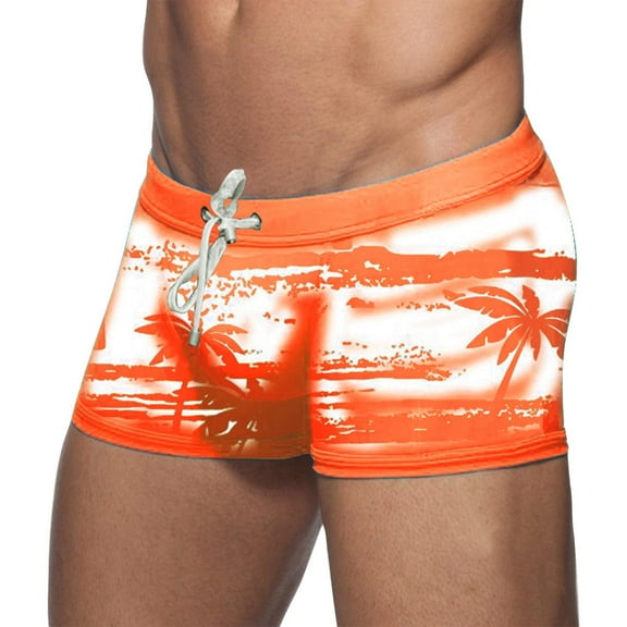 kpoplk Men's Swim Trunks Solid Brief Boxer Swimwear Swimsuits Square Cut Pocket Orange,S