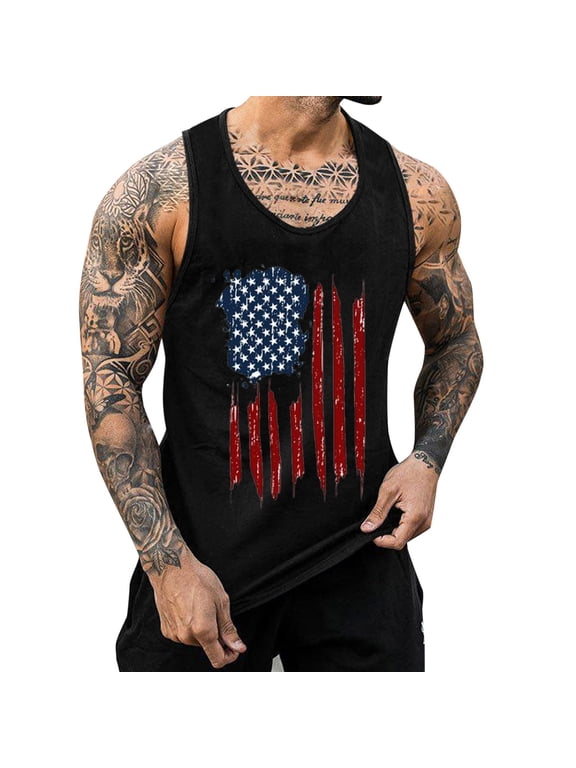 Men's American Flag Tank Tops 1776 4th of July Shirts Casual Short Sleeved Gym Workout Tanks USA Flag Patriotic T-Shirts(Black,XL)
