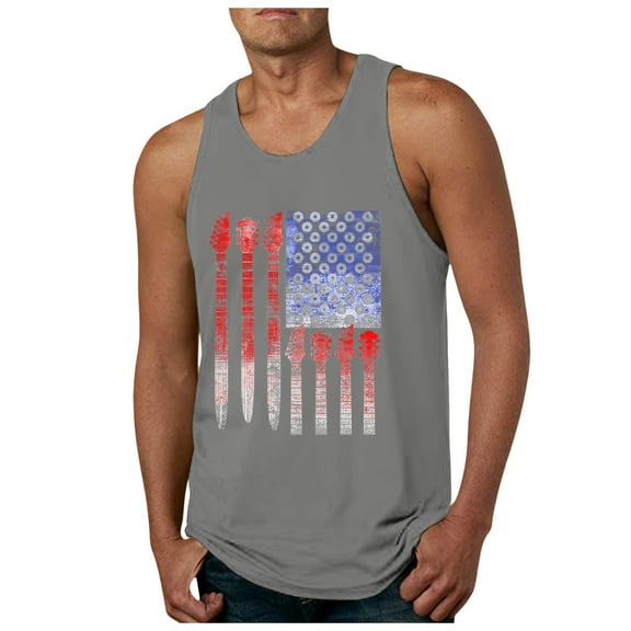 kpoplk Mens American Flag Tank Tops Patriotic 4th of July Short Sleeved Shirt Independence Day USA Workout Tee(Grey,XXL)