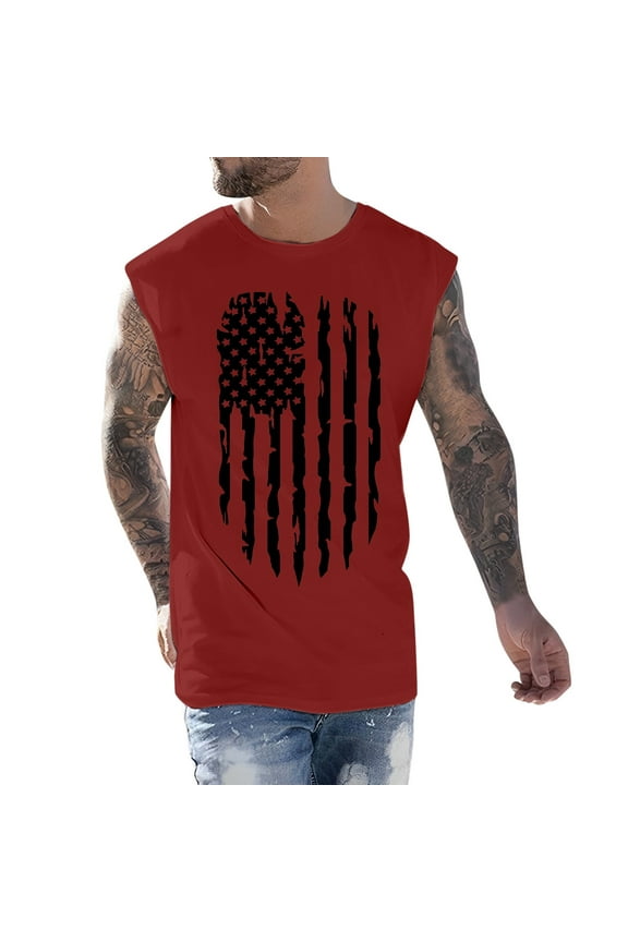 Men's 4th of July American Flag Tank Tops Summer Short Sleeved Tee Workout T-Shirts Fitness Vest Athletic Undershirts(Red,XXL)