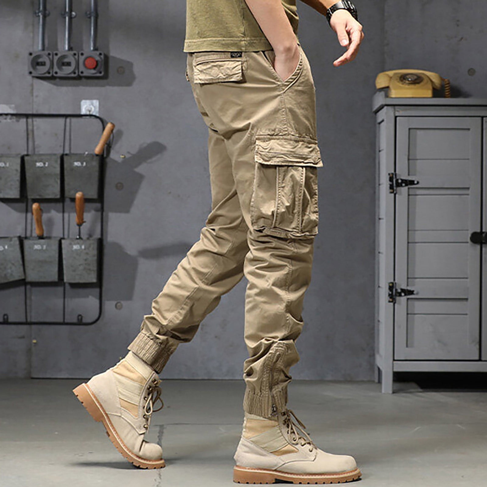 kpoplk Mens Cargo Joggers,Men's Drawstring Sweatpants Elastic Waist Solid  Color Loose Trousers with Pocket Cargo Casual Pants(Khaki,3XL)