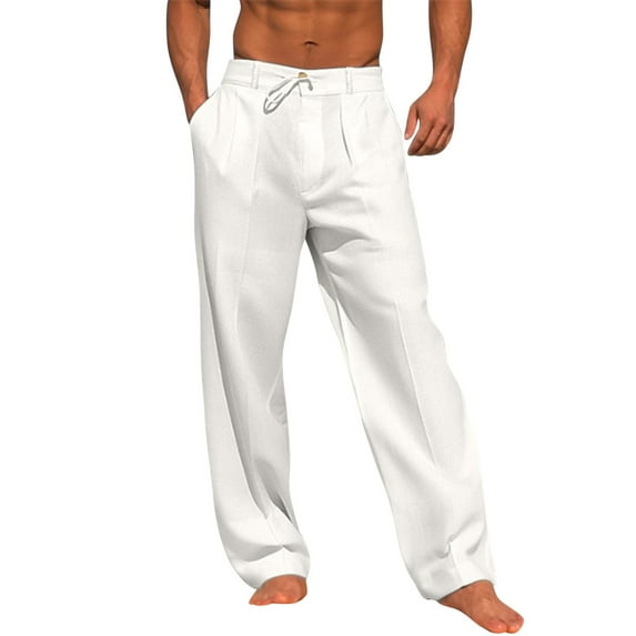 kpoplk Mens Casual Linen Pants Loose Fit Elastic Drawstring Waist Straight-Legs Summer Yoga Beach Long Pants(White,3XL)