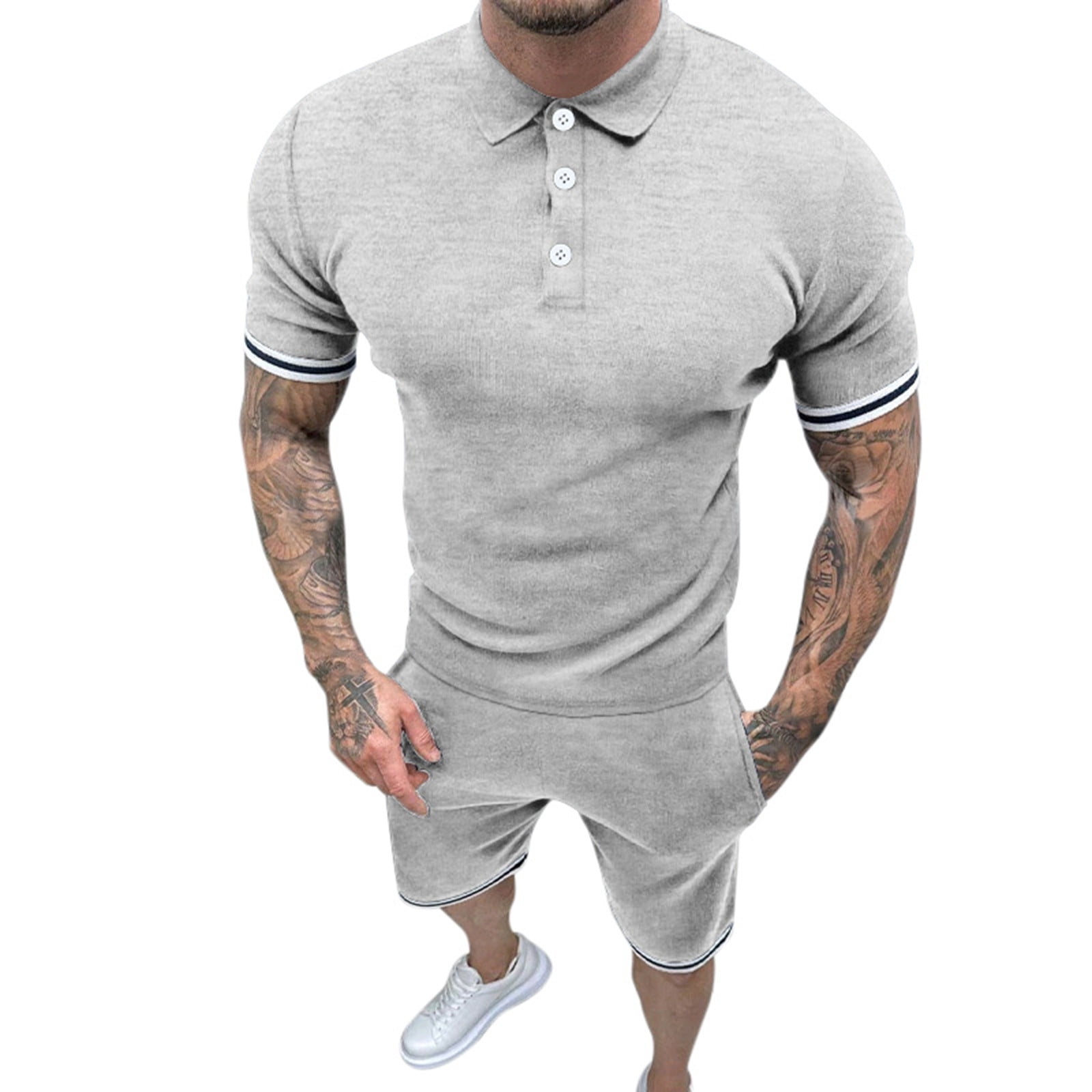 kpoplk Mens Short Sleeve Casual Polo Shirt and Shorts Sets Two Piece ...
