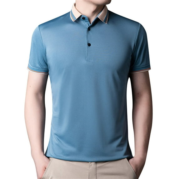 kpoplk Mens Vintage Striped Lapel Collar Polos Shirt Short Sleeve Color Block Button Vertical Striped Oxford Shirts Polo Shirts for Men(L,Blue)