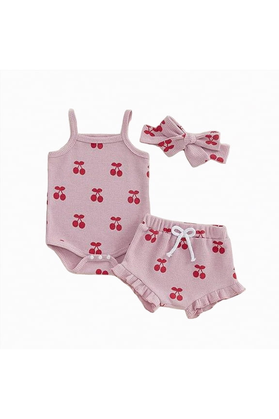 Newborn Baby Girl Clothes Summer Knit Ribbed Floral Print Short Sleeve Romper Shorts/Pants/Skirts Headband Outfit Set(Red,3-6 M)