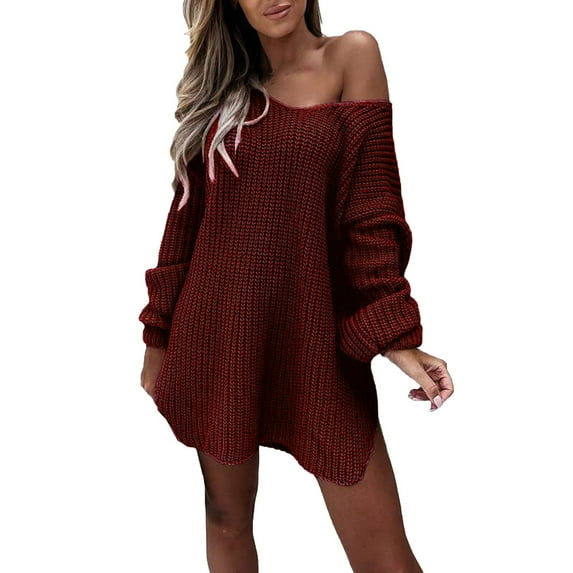 kpoplk Oversized Sweaters for Women Deep V Neck Long Sleeve Cable Knit Sweater Loose Jumper Tunic Pullover Tops Red,L