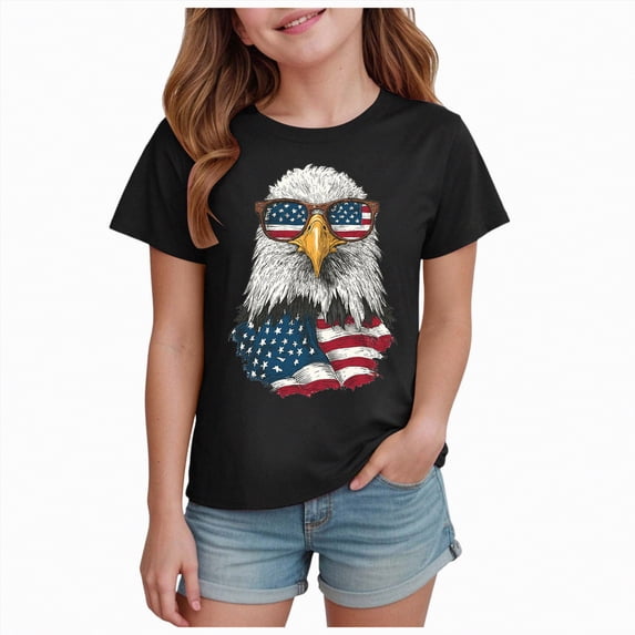 kpoplk Star Spangled Girls Tops Patriotic Short Sleeve T-Shirts 250Th Anniversary USA Flag Tee Casual Shirts(Black,7-8 Y)