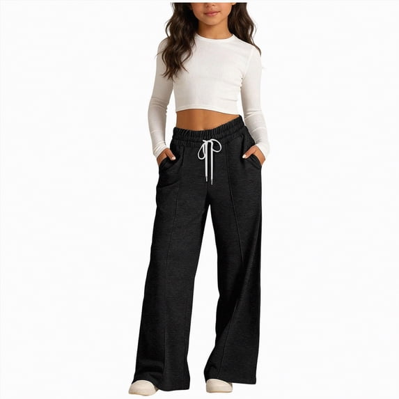 kpoplk Teen Girls Sweatpants Wide Leg Drawstring Baggy Pants Straight Leg Athletic Trousers with Pockets Size 5-14(Black,4-6 Y)