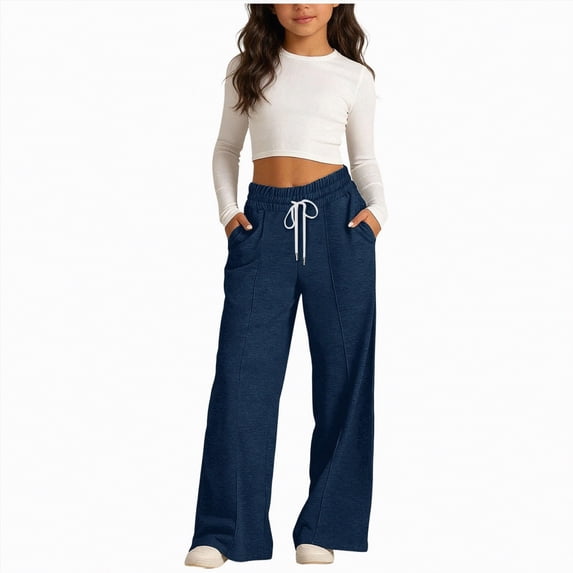 kpoplk Teen Girls Sweatpants Wide Leg Drawstring Baggy Pants Straight Leg Athletic Trousers with Pockets Size 5-14(Navy,6-8 Y)