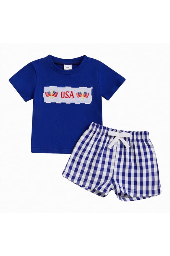 Toddler Baby Boy 4th of July Outfit Short Sleeve American Flag Smocked T-shirt Elastic Waist Shorts Summer Clothes Size 2-3 Years,Blue