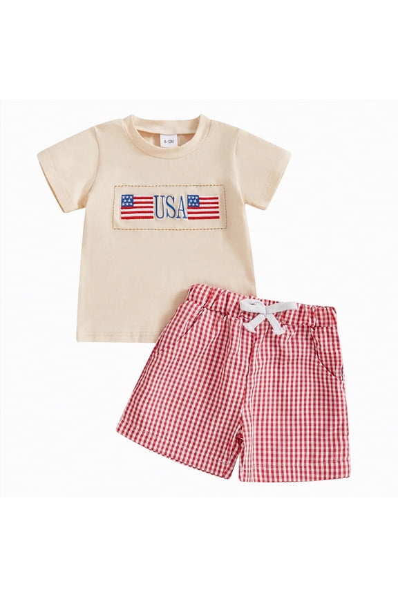 Toddler Baby Boy Clothes Golf Cart Embroidery Short Sleeve T-Shirt Top Gingham Seersucker Shorts Set Summer Outfits(Red,12-18 M)