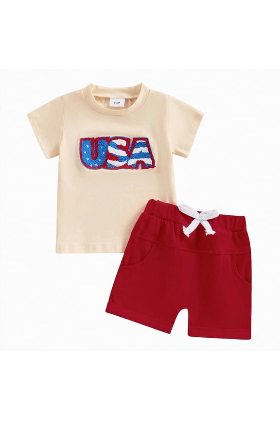 Toddler Baby Boy Clothes Set Letter Print Short Sleeve Crewneck T-Shirt Solid Color Shorts Set 2Pcs Summer Outfits(Red,6-12 M)