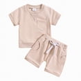 thumbnail image 1 of kpoplk Toddler Baby Boy Clothes Summer Animal Embroidery Smocked Short Sleeve T-Shirt + Gingham Shorts Set 1T 2T 3T 4T(Beige,12-18 M), 1 of 7