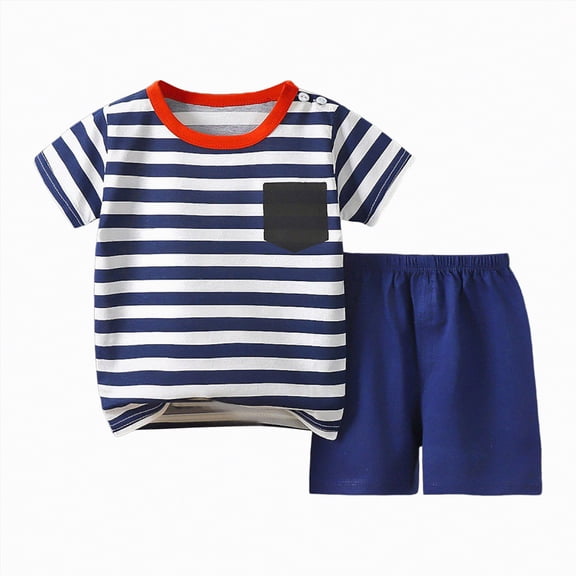 kpoplk Toddler Baby Boy Short Sleeve Colorblock Tee and Elastic Shorts 2 Piece Set Summer Outfits 4T(Dark Blue,6-12 M)