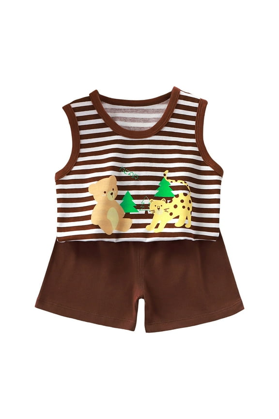 Toddler Baby Boy Summer Clothes Sleeveless Letter Print Tops Striped Short Sets 2pcs Baby Boy Outfits(Brown,2-3 Y)