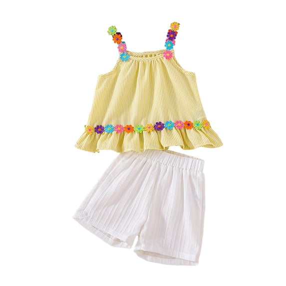 kpoplk Toddler Baby Girl Clothes Ruffle Sleeveless Strap Dress Tank Shorts Set Summer Outfits Size 5-6 Years,Yellow