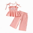 thumbnail image 1 of kpoplk Toddler Baby Girl Clothes Sleeveless Summer Outfit Smocked Strap Camisole Linen Pants Prety Spring Clothing Set Size 2-3 Years,Pink, 1 of 9