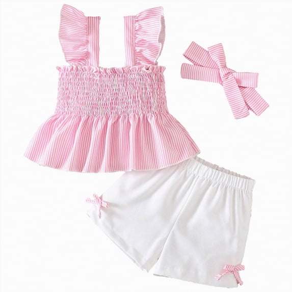 kpoplk Toddler Baby Girl Clothes Summer Linen Outfit Bows Ruffle Vest Shirts + Ruffled Short Set 12 18 24 Month 2T 3T(Pink,3-4 Y)