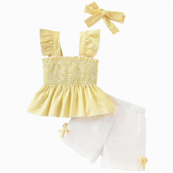 kpoplk Toddler Baby Girl Clothes Summer Linen Outfit Bows Ruffle Vest Shirts + Ruffled Short Set 12 18 24 Month 2T 3T(Yellow,4-5 Y)