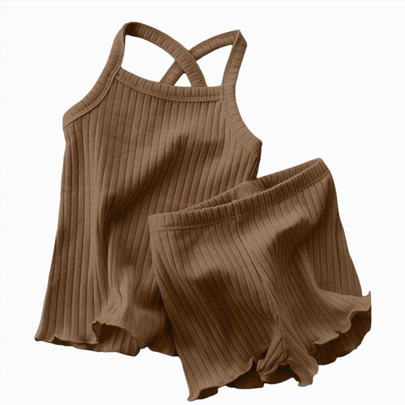 kpoplk Toddler Baby Girl Clothes Summer Outfits Sleeveless Ruffled Linen Shirts Tank Tops Shorts Kids Girls Clothing Sets(Brown,3-6 M)