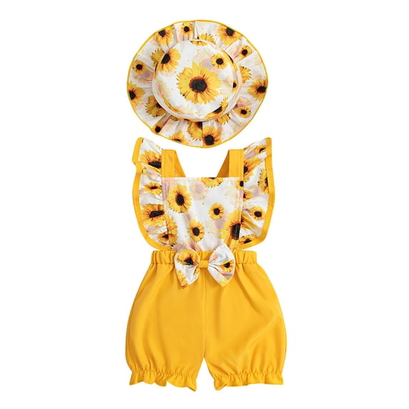 kpoplk Toddler Baby Girl Outfits Floral Summer Clothes Waffle Sleeveless Tops Ruffle Shorts Cute Infant Spring Clothes Set Size 18-24 Months,Yellow