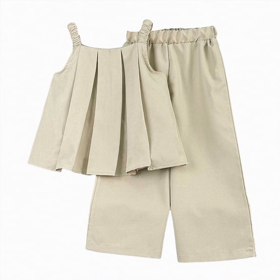 kpoplk Toddler Baby Girl Summer 2Pcs Outfit Set Sleeveless Ruffle Crop Top with Cotton Linen Pants Solid Color Clothes Size 2-3 Years,Khaki