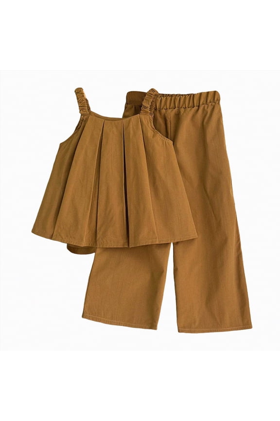 Toddler Baby Girl Summer 2Pcs Outfit Set Sleeveless Ruffle Crop Top with Cotton Linen Pants Solid Color Clothes Size 3-4 Years,Brown