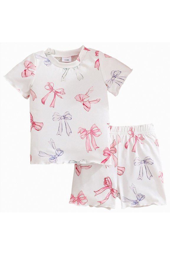 Toddler Baby Girl Summer Clothes 2Pcs Set Cute Fruit Print T-Shirt and Ruffled Shorts Casual Outfits(White,9-12 M)