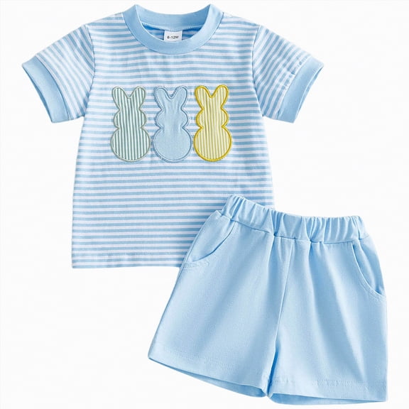kpoplk Toddler Boy Summer Clothes 2Pcs Outfits for Age 2-4 Years Striped Short Sleeve Shirt and Elastic Shorts(Light Blue,2-3 Y)