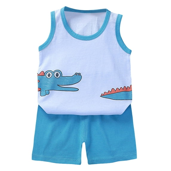 kpoplk Toddler Boys Summer Outfits Sleeveless Solid Color T-Shirt Shorts Set Boy 2 Piece Clothes(Sky Blue,9-18 M)
