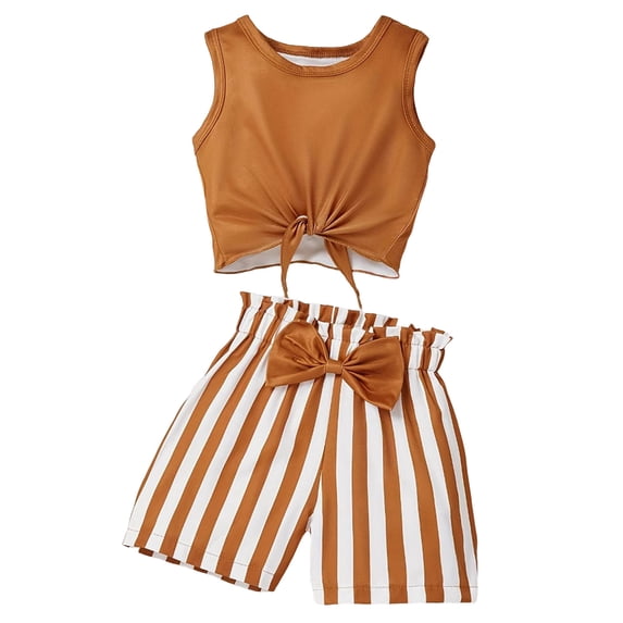 kpoplk Toddler Girl Clothes, 2Pcs Baby Girl Summer Outfits Ruffle Sleeveless Shirts Floral Tops + Shorts Clothing Set 1-5T Size 9-10 Years,Coffee