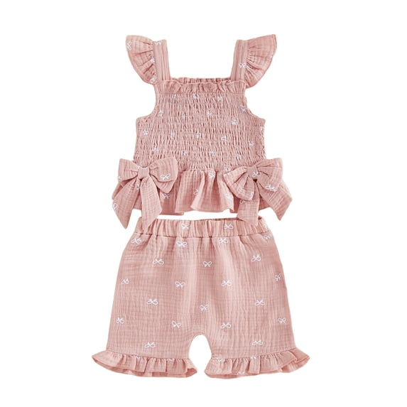 kpoplk Toddler Girl Clothes, 2Pcs Baby Girl Summer Outfits Sleeveless Bow Knot Tank Shirts Tops + Shorts Clothing Sets 1-5T Size 12-18 Months,Pink