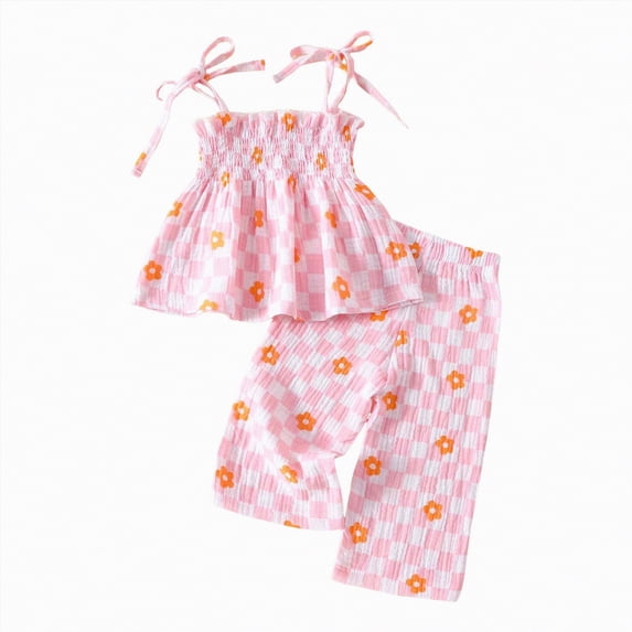 kpoplk Toddler Girl Summer Outfits Eyelet Embroidery Cami Tops + Plaid Print Wide Leg Pants 2 Pcs Infant Girl Clothes Set Size 12-18 Months,Pink