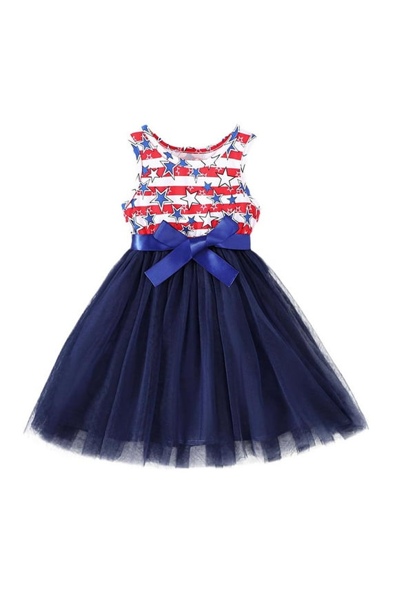 Toddler Girls 4th of July Dress Puff Sleeve Kids Girls Star Striped USA Flag Print Dress American Flag Outfits(Blue,18-24 M)