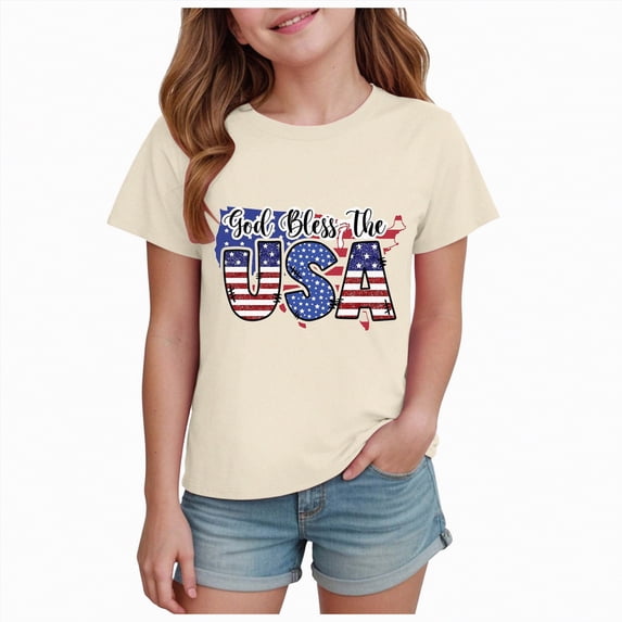 kpoplk Toddler Girls 4th of July T-Shirt American Flag Print Cotton Kids Boys Independence Day Tees(Beige,2-3 Y)