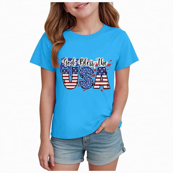 kpoplk Toddler Girls 4th of July T-Shirt American Flag Print Cotton Kids Boys Independence Day Tees(Blue,7-8 Y)