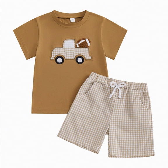 kpoplk Toddler Kid Boy Summer Clothes 2-4 Years 2Pcs Set Dinosaur Truck Print Short Sleeve Cotton T-Shirt(Coffee,5-6 Y)
