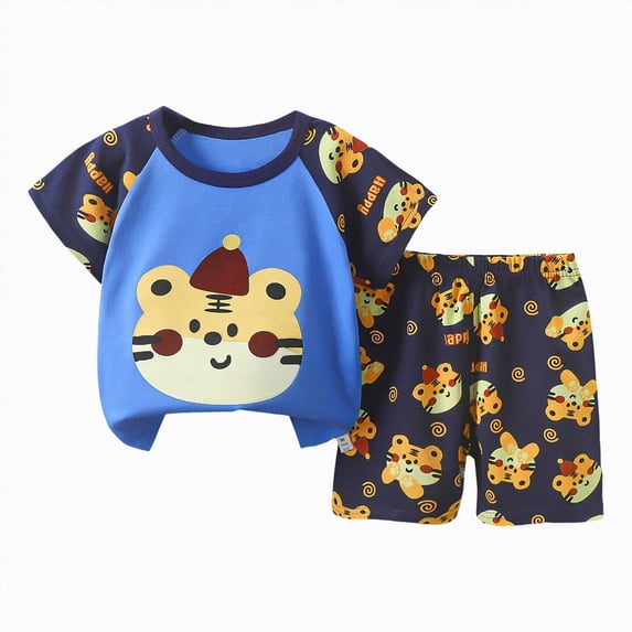 kpoplk Toddler Kids Boys Outfits 3T-5T 2 Piece Clothes Set Dinosaur Race Car Print Short Sleeve T-Shirt and Shorts(Blue,5-6 Y)